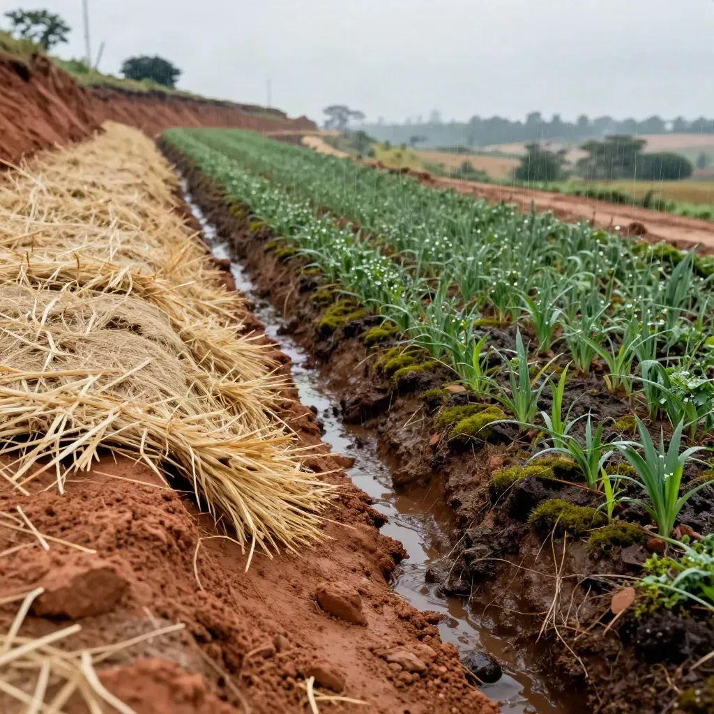 Rainwater runs through a coir-matted slope with straw blanket and seedlings holding the soil.
