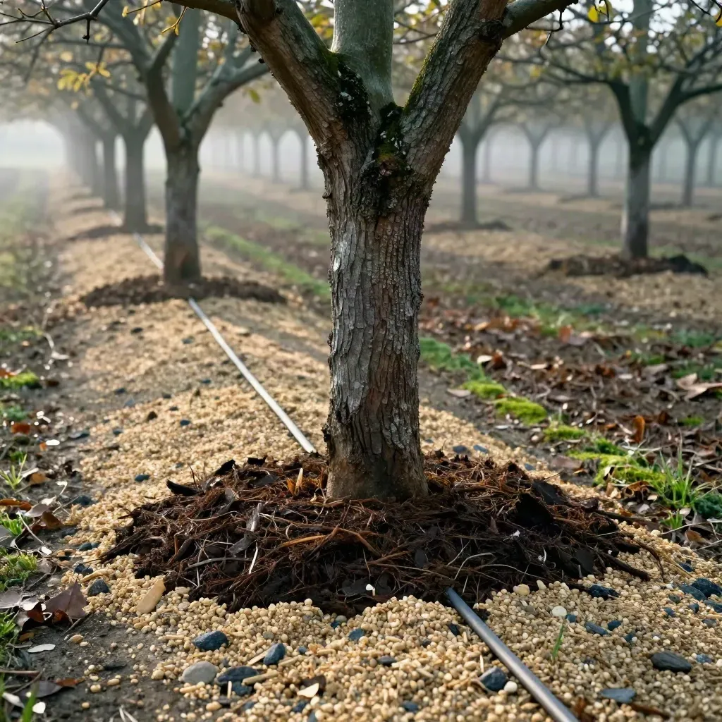 Orchard trees with compost ring, mineral mulch, and irrigation lines at the roots