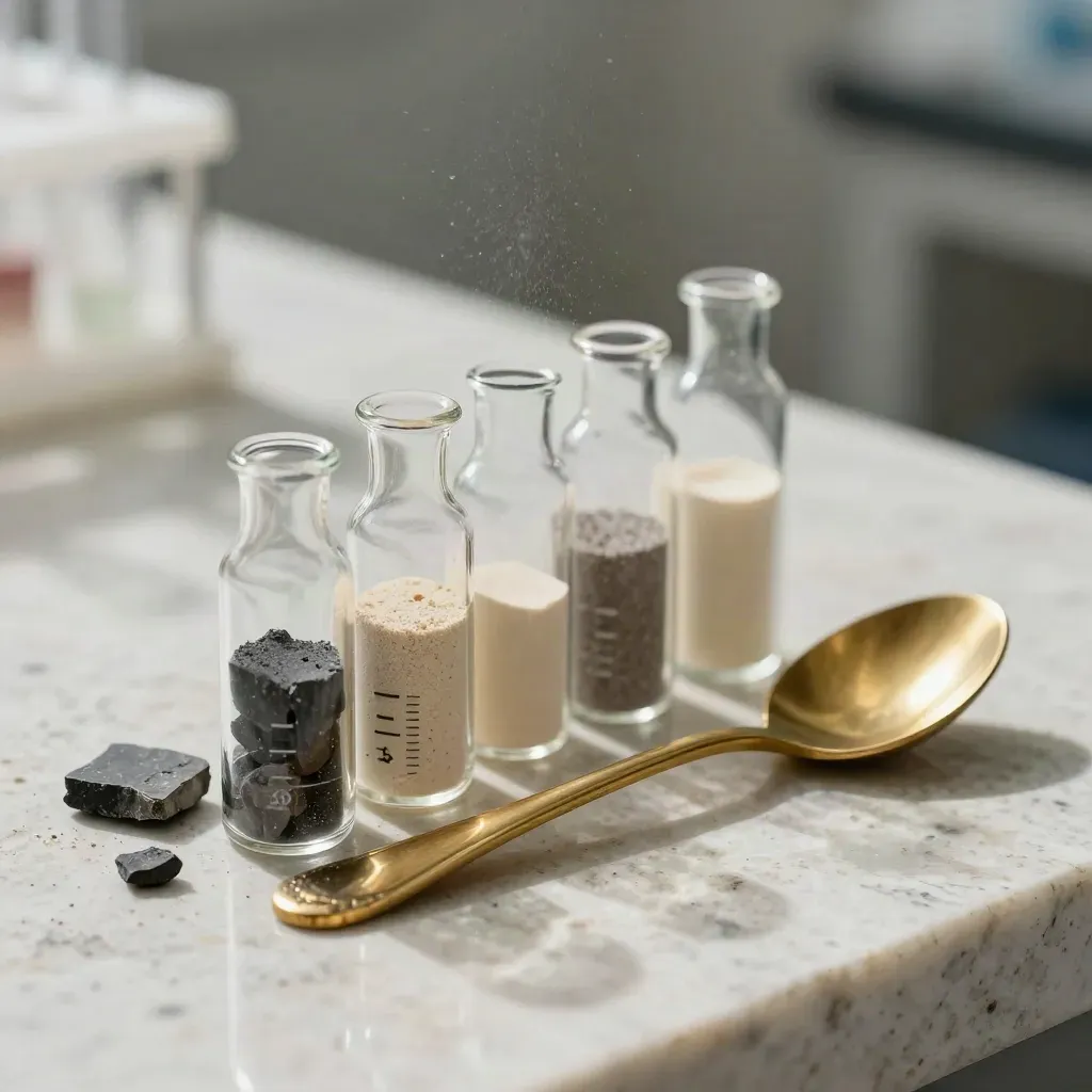Macro still life of pH vials, brass sample spoon, and soil color chips on stone bench