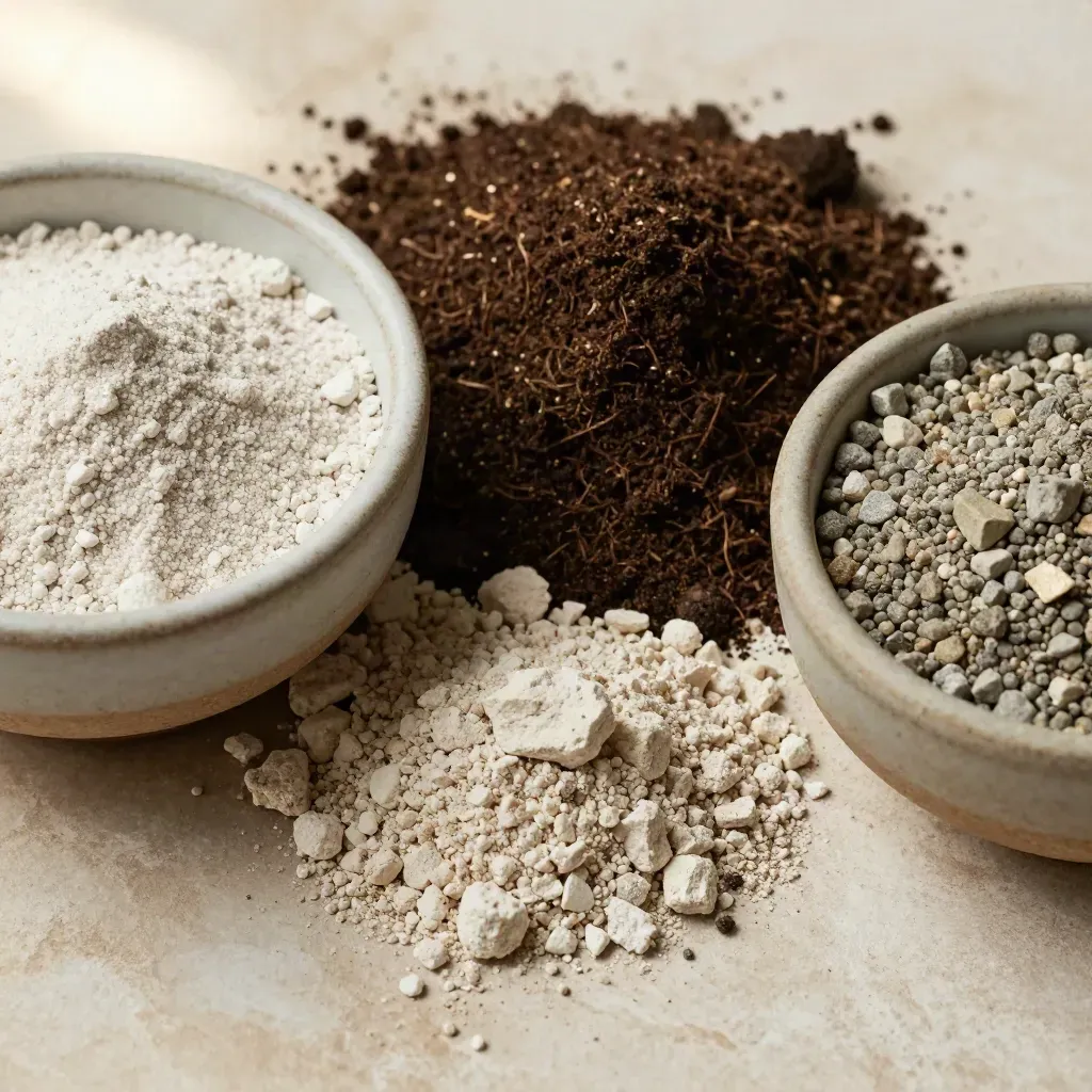 Three shallow bowls of lime, compost, and mineral granules in a macro top-down still life.