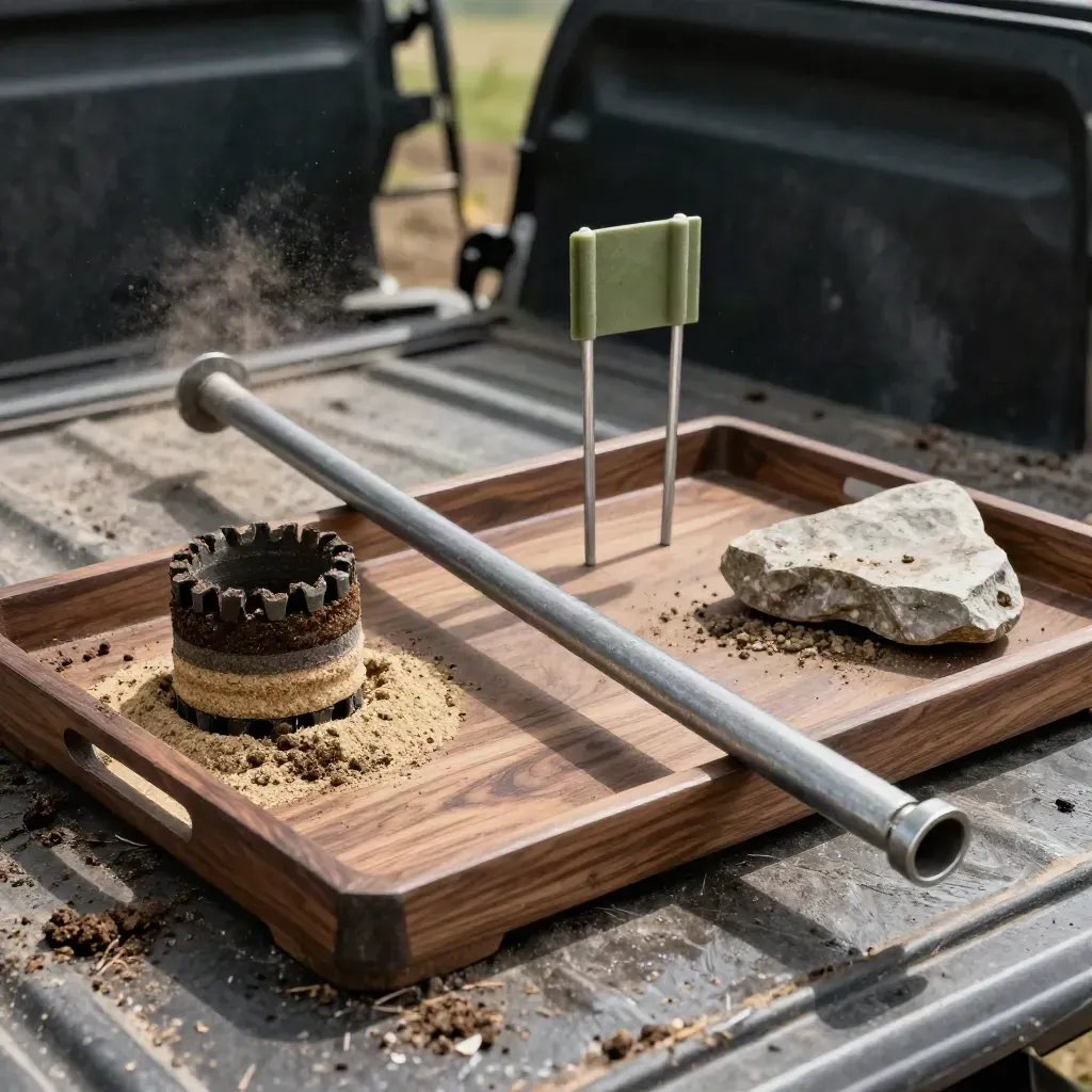 Steel soil probe, core sleeve, marker pins, and stone sample on a field tailgate.