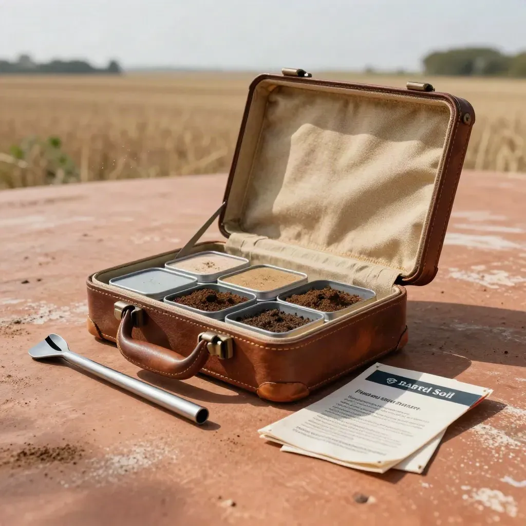 Open field soil kit with sample tins, pocket auger, and folded flags on terracotta clay