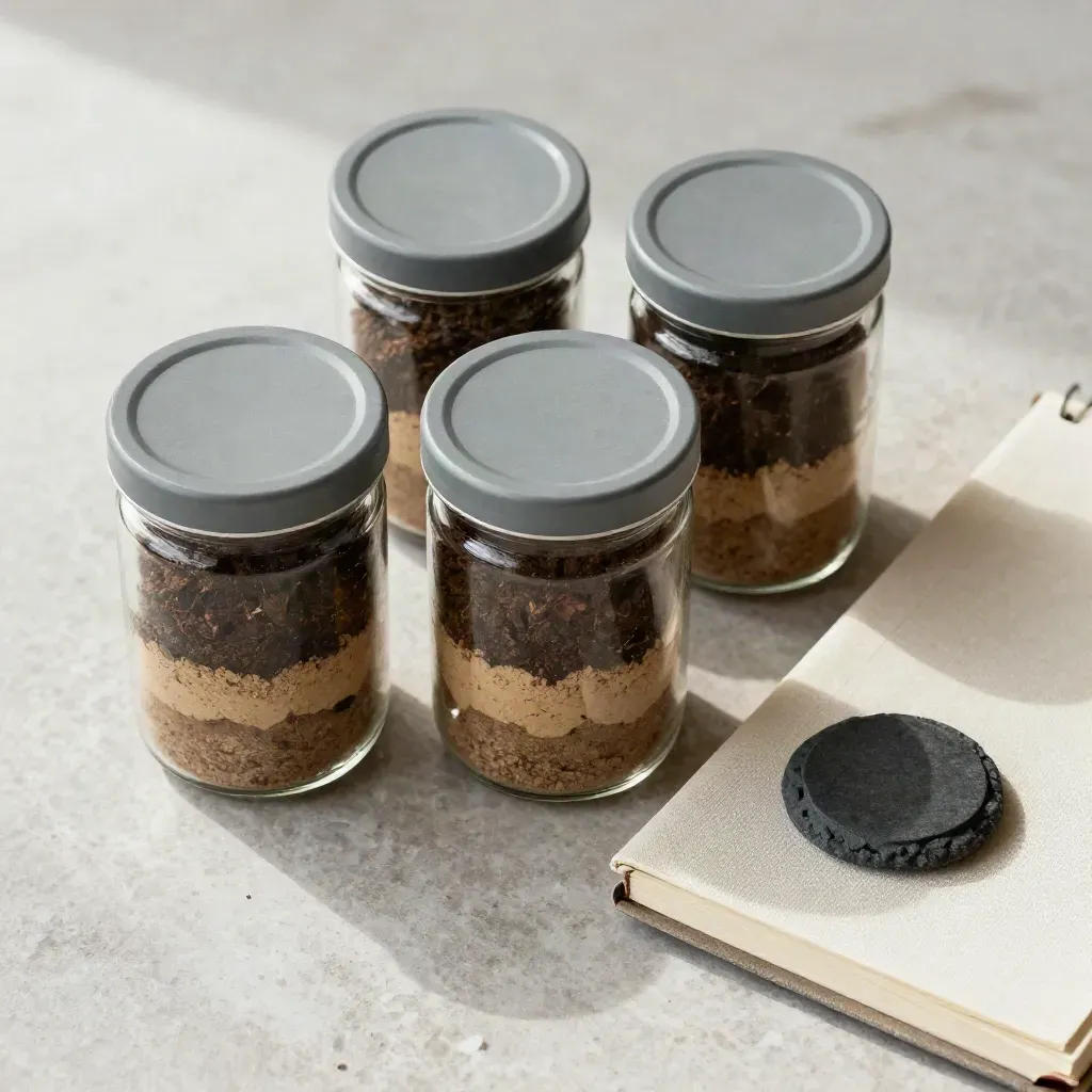 Sealed soil sample jars, closed notebook, and stone paperweight on a pale mineral slab.