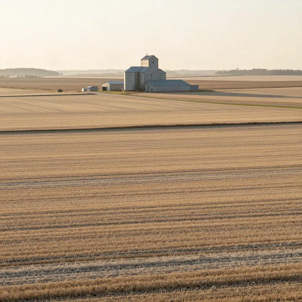 Golden-hour Iowa grain elevators above calm harvested fields under a washed sky.