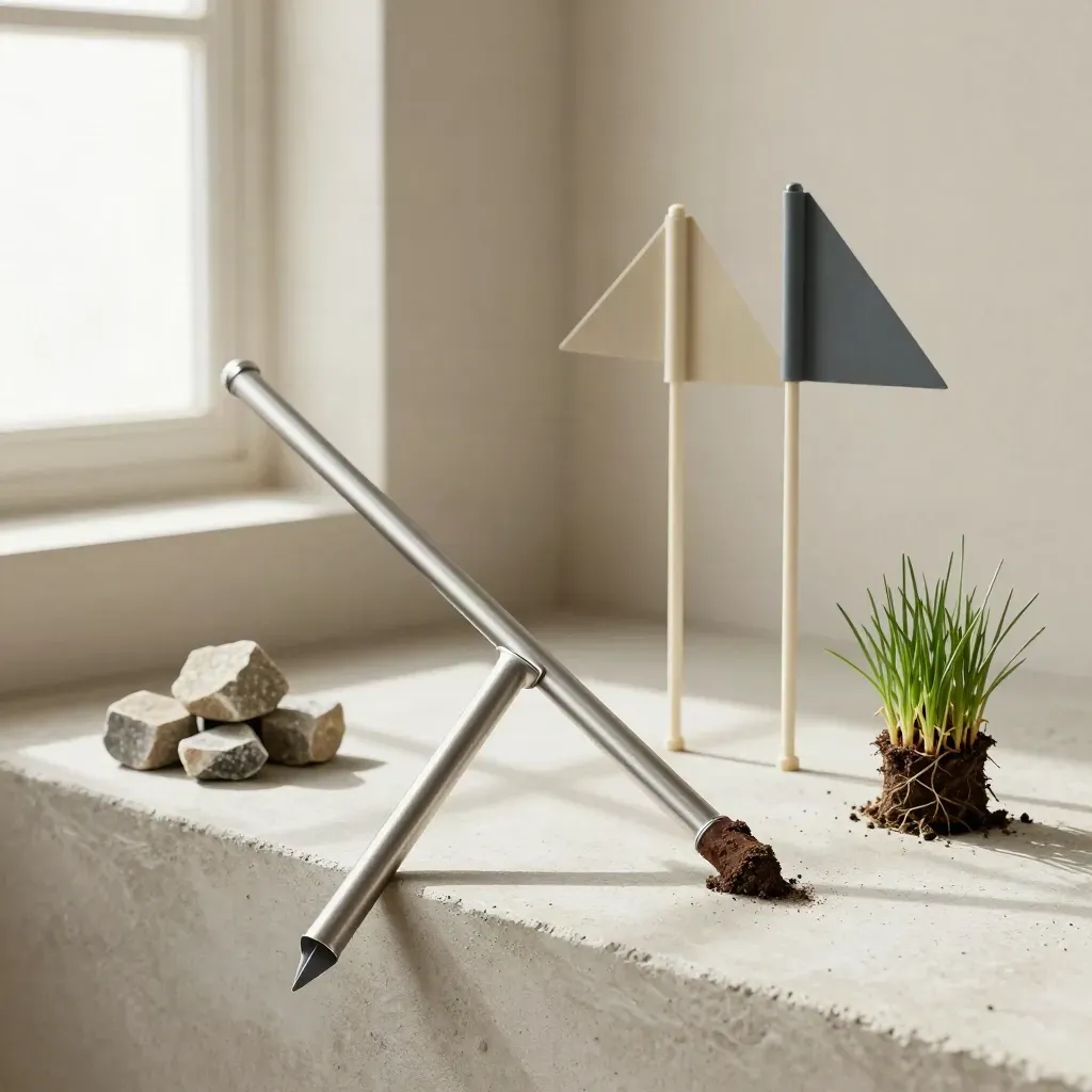 Soil probe, survey flags, stone, and grass plug on a concrete ledge in soft daylight.