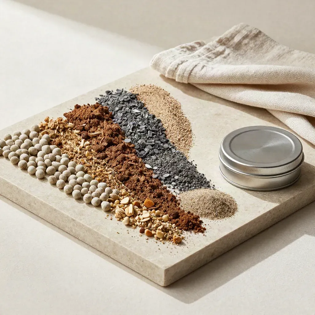 Overhead stone tray with lime pellets, compost crumbs, mineral chips, and a sample tin.