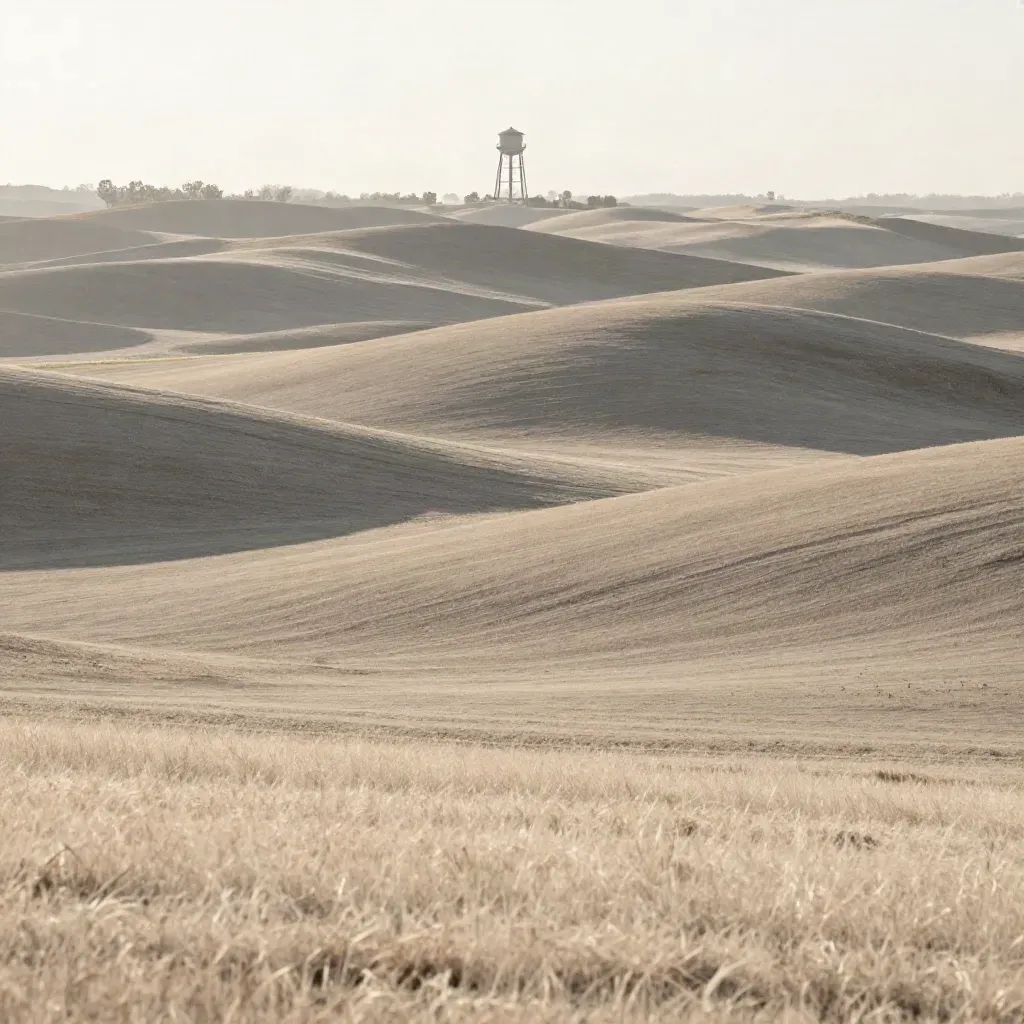 Hazy Iowa pasture ridges with a distant water tower and open copy space