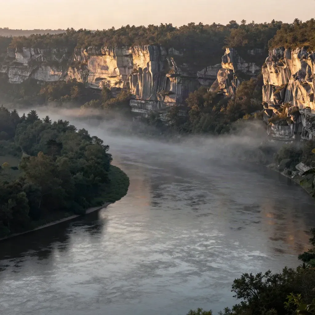 Cedar River bend with limestone bluffs and misty tree-lined valley at dawn