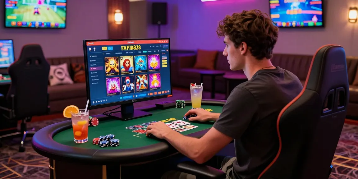 Player enjoying FAFA828 online casino games in a vibrant gaming room