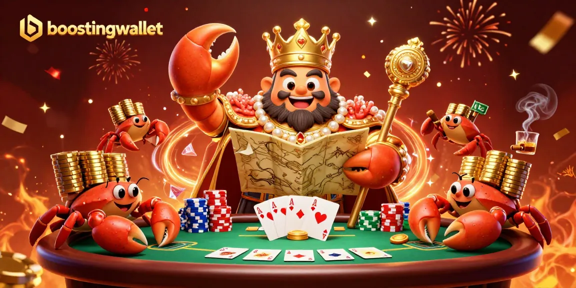 Boostingwallet features a golden crab emperor in a vibrant casino scene with poker elements.