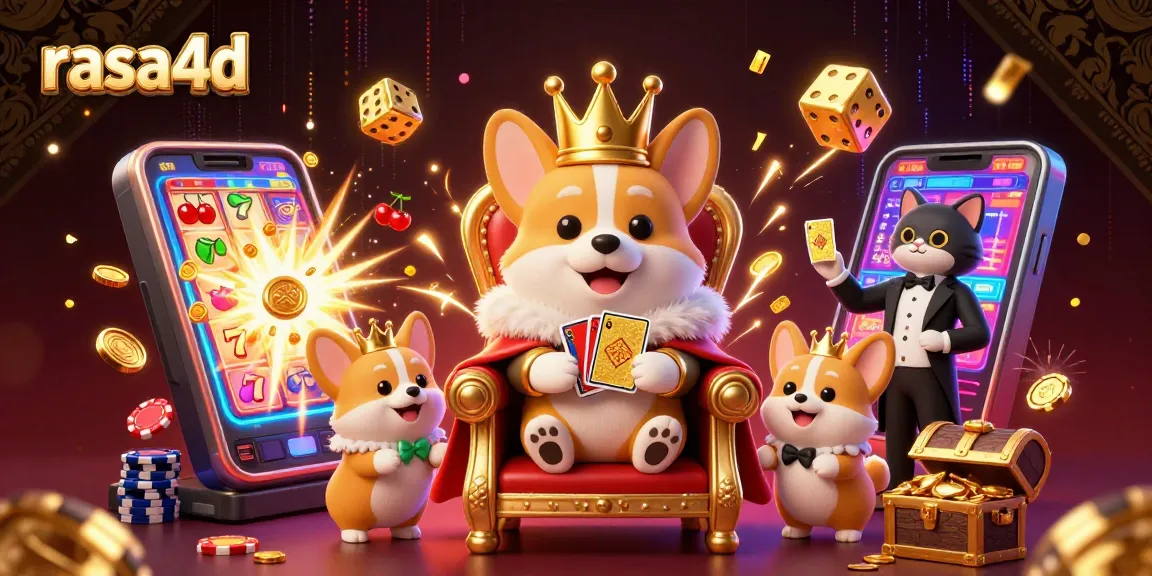 Rasakan keseruan permainan kasino di rasa4d dengan corgi kerajaan mewah yang dikelilingi slot dan simbol keberuntungan