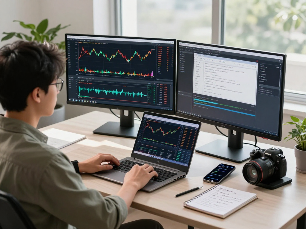 Real-time forex trading setup showcasing offshore CNY forex API integration with dual monitors, charts, and market analysis.