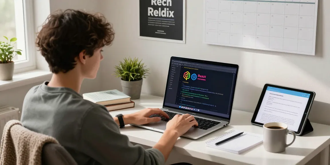 Engaged student studying React and Redux course online, showcasing a vibrant coding environment.