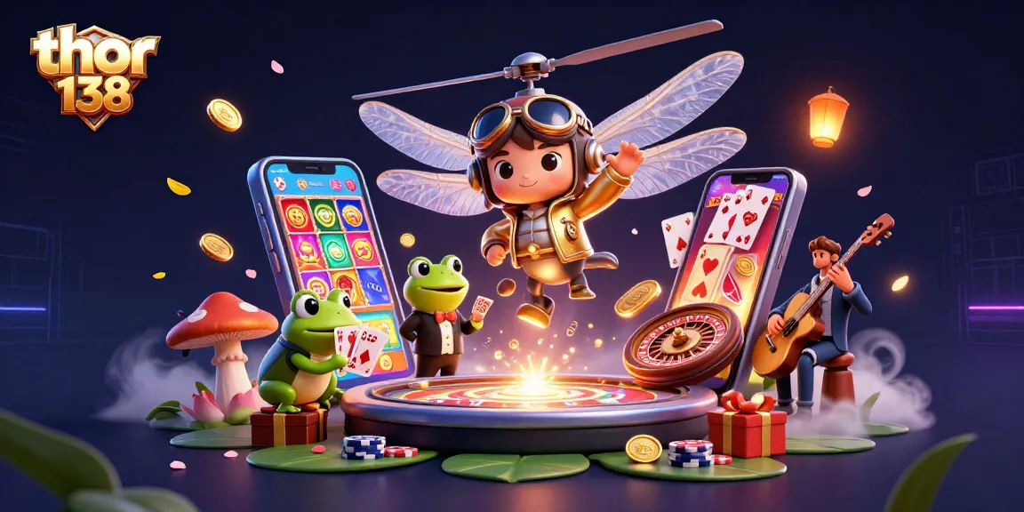 Thor 138 menampilkan karakter kasino 3D dengan dealer kartu dan permainan slot berwarna-warni.