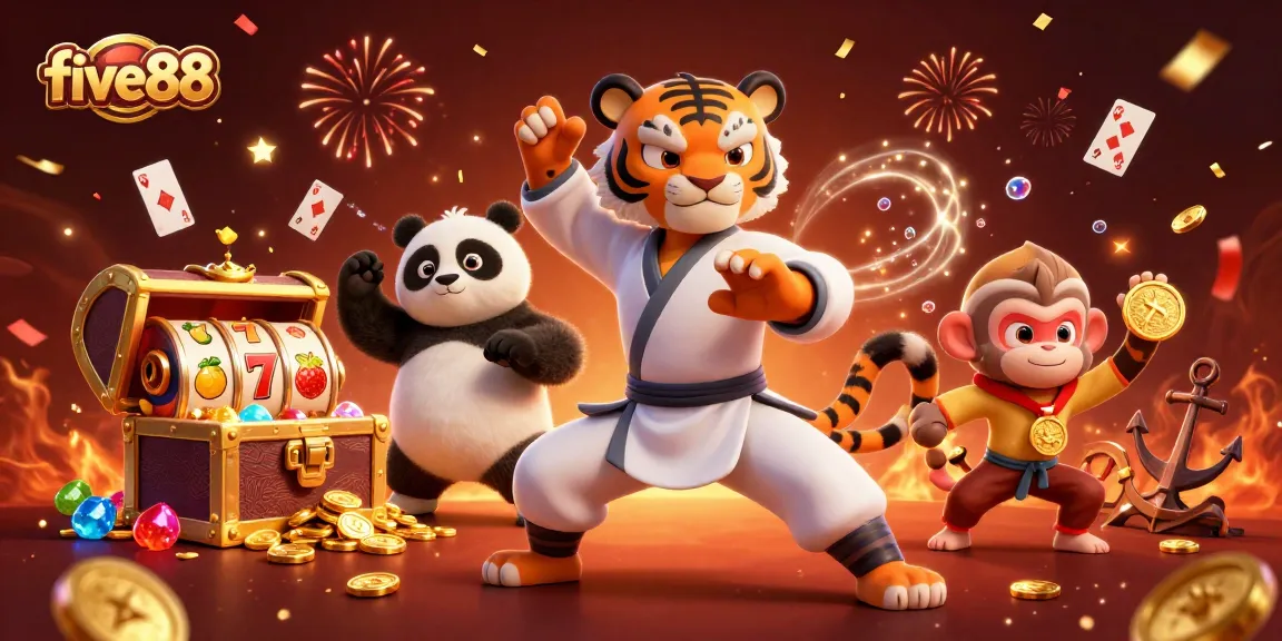 five88 captures the excitement of casino slots with illustrative kung fu characters and rich treasure elements.