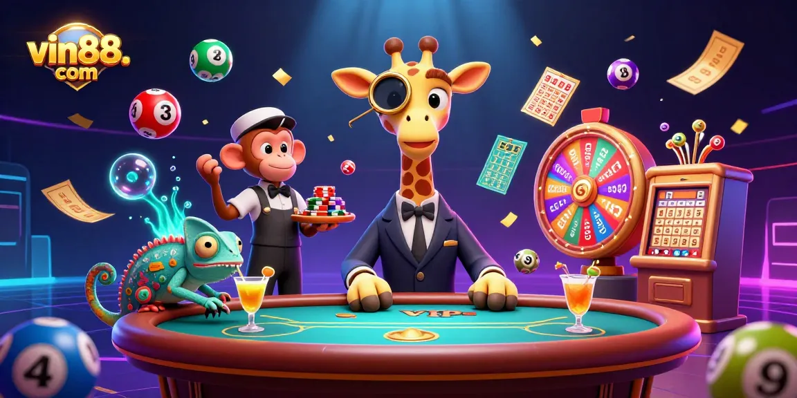 Engage with vin88. com's dynamic casino atmosphere featuring vibrant games and animated characters.