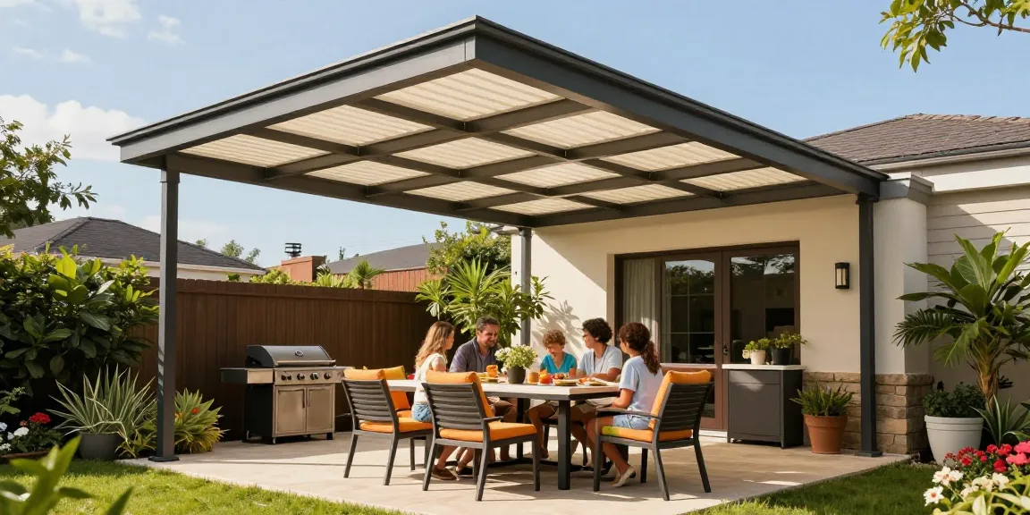 Freistehende Terrassenüberdachung mit Familie in sonnigem Garten, stilvolles Design und gemütliche Möbel.