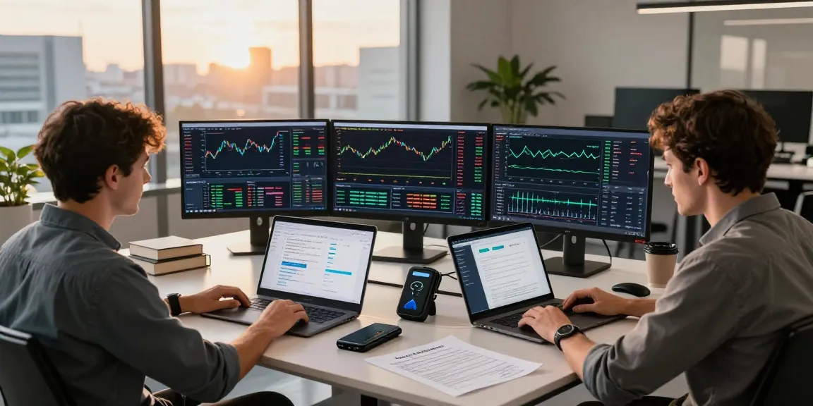 Cricbet trading workspace with professionals analyzing cryptocurrency on multiple monitors, blockchain charts, and DeFi platforms.