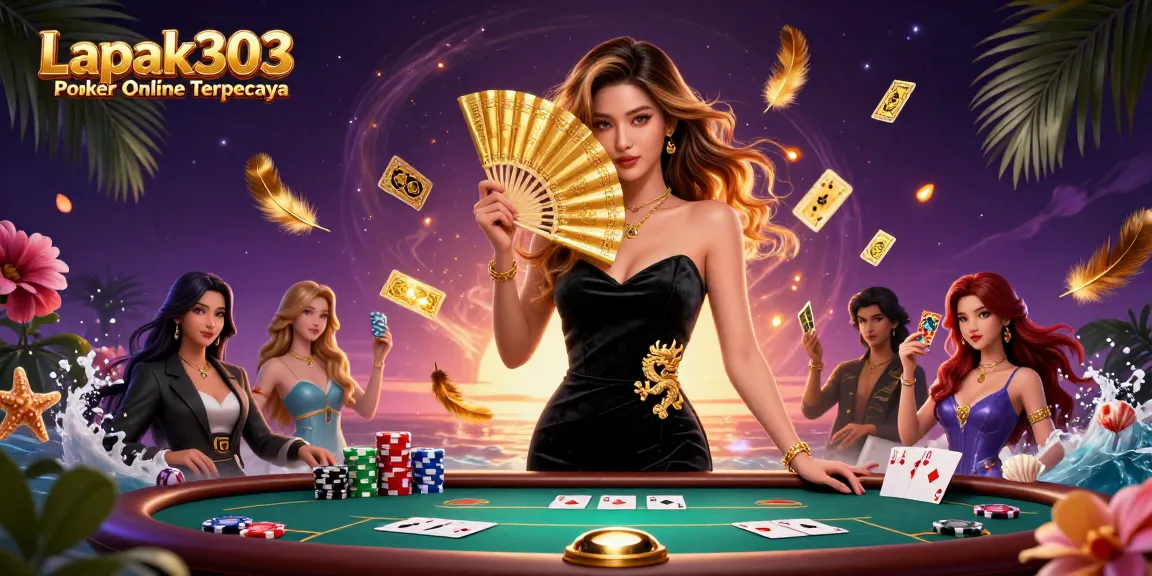 Action-packed poker scene featuring Lapak303 Poker Online Terpercaya with chips, cards, and vibrant energy.
