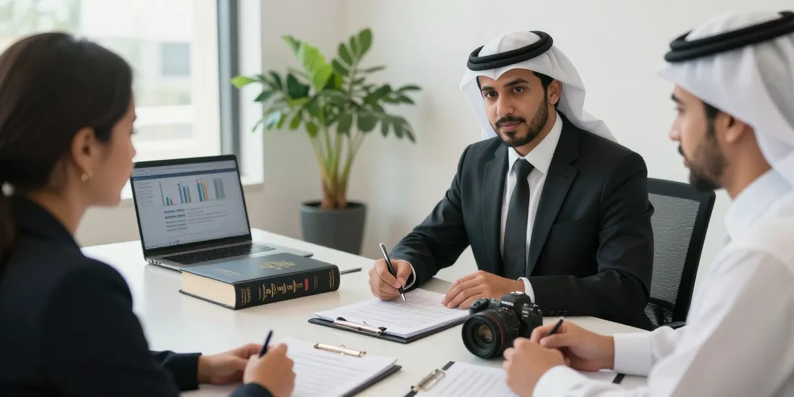 Real estate lawyer in Jeddah consulting client in modern office setting.