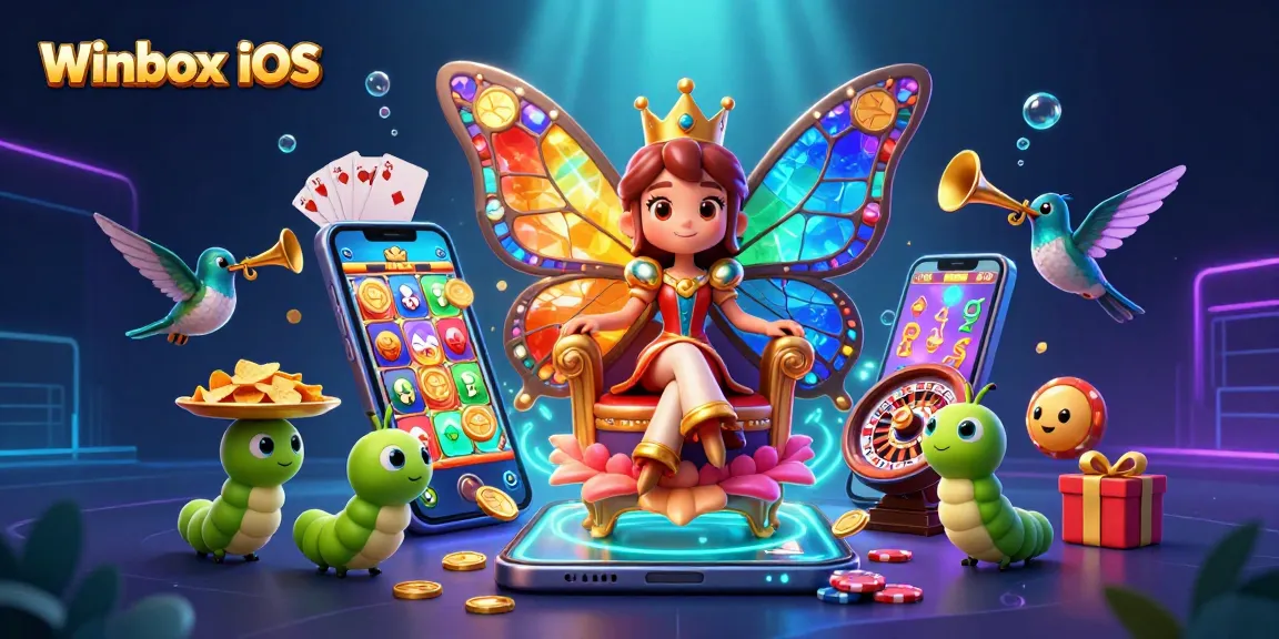 Winbox iOS: Experience a vibrant 3D scene with the mobile app and dynamic casino elements.
