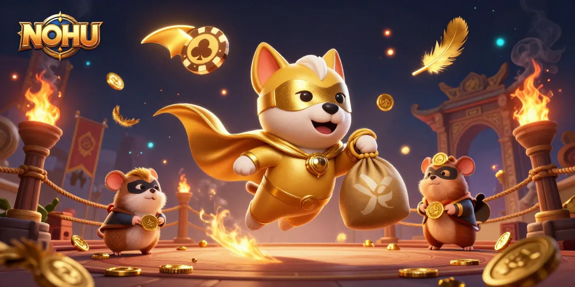 NOHU superhero dog flies while collecting coins in an energetic casino-themed scene.