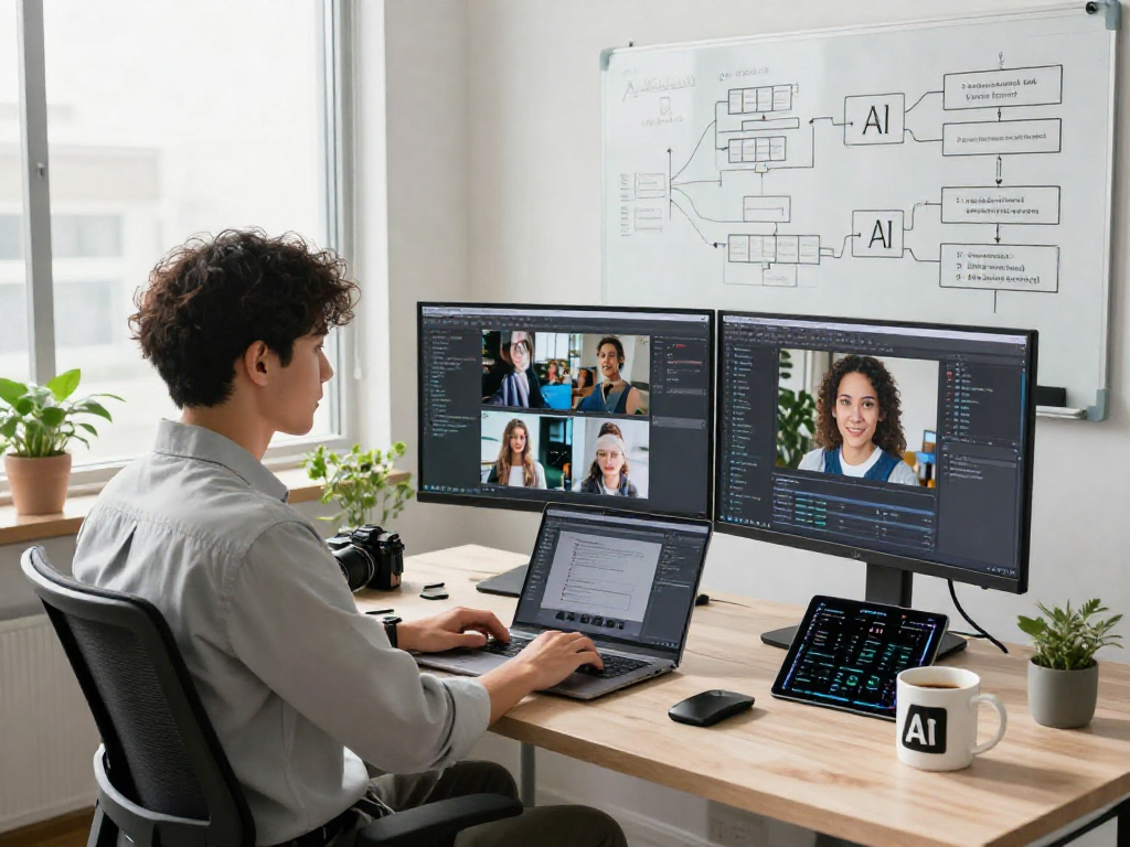 Detect AI image in a tech workspace, showcasing a content moderation developer analyzing images with AI algorithms on dual monitors.