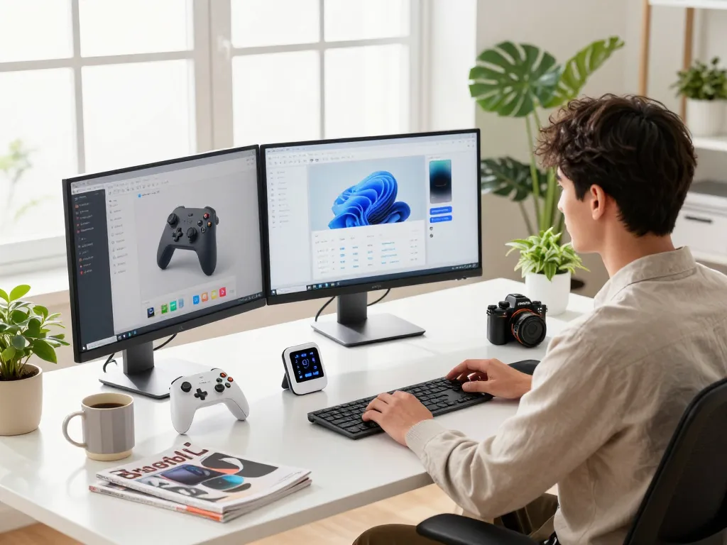 Explore unique tech gadgets in a modern workspace featuring smart kitchen tools and Bluetooth controllers.