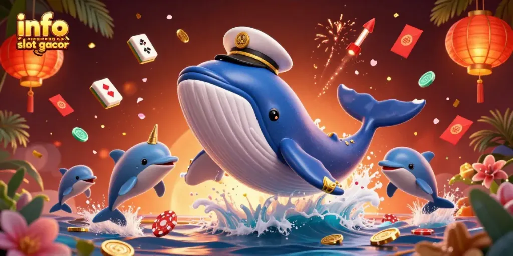 Permainan slot gacor yang menarik ditampilkan dalam ilustrasi 3D penuh warna dengan koin dan karakter lucu.