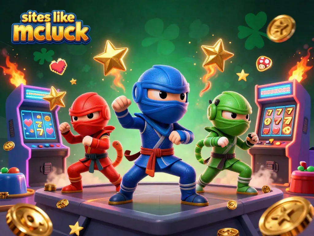 Spin and win at sites like McLuck with vibrant casino-themed illustration featuring energetic characters.