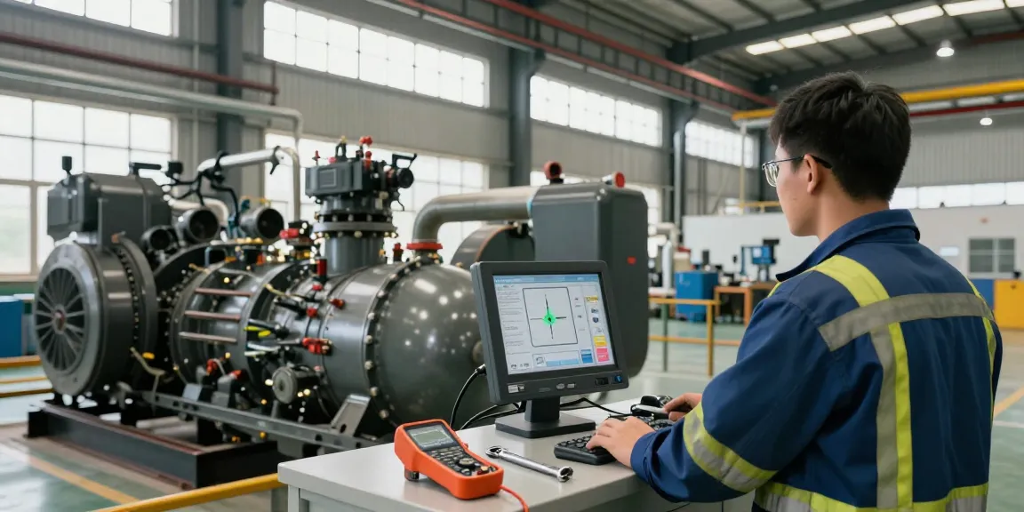Gas generator in use at industrial site with technician monitoring performance metrics
