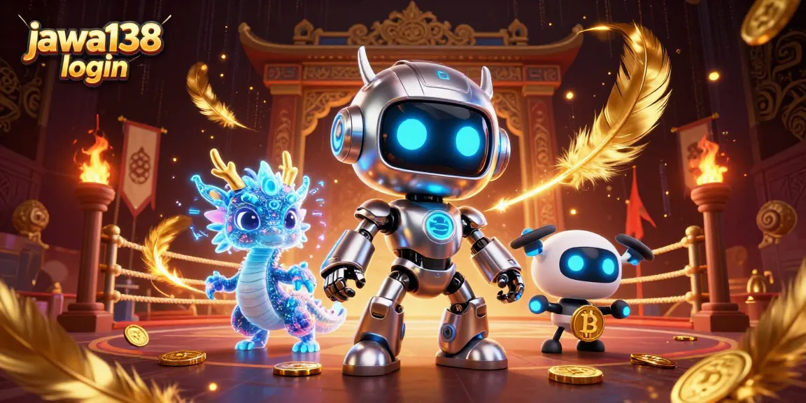 Engage in exciting gaming with jawa138 login featuring a chrome robot, AI dragon, and bitcoin drone.