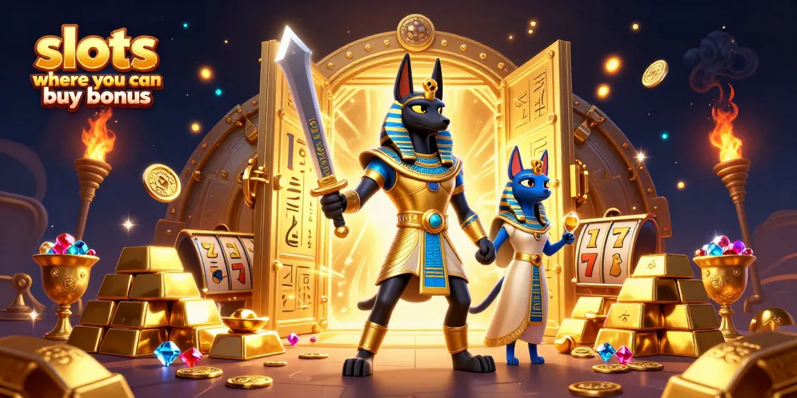 Play exciting slots where you can buy bonus, featuring Anubis and Bastet in a treasure-filled digital illustration.