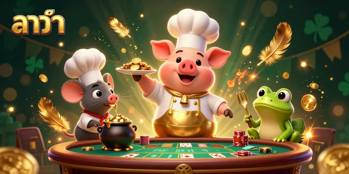 Experience the thrill of บาคาร่า with a chef pig, sous-chef mouse, and critic frog amidst a vibrant casino scene.