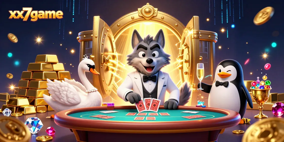 Experience the excitement of xx7game with vibrant casino characters and rich treasures in a dynamic illustration.