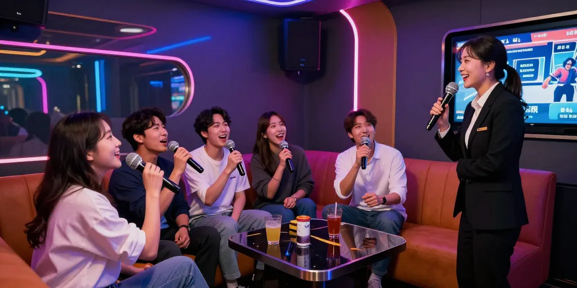 인천쓰리노에서 친구들과 함께 노래를 부르며 즐거운 시간을 보내는 모습, 화려한 조명과 현대적인 인테리어로 꾸며진 프라이빗 룸에서의 특별한 유흥 문화