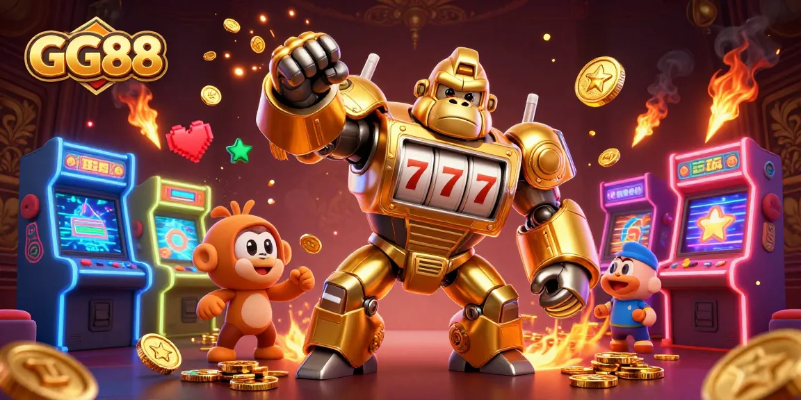 Experience the exhilaration of GG88 with a golden gorilla mech amidst colorful game elements in a vibrant casino scene.