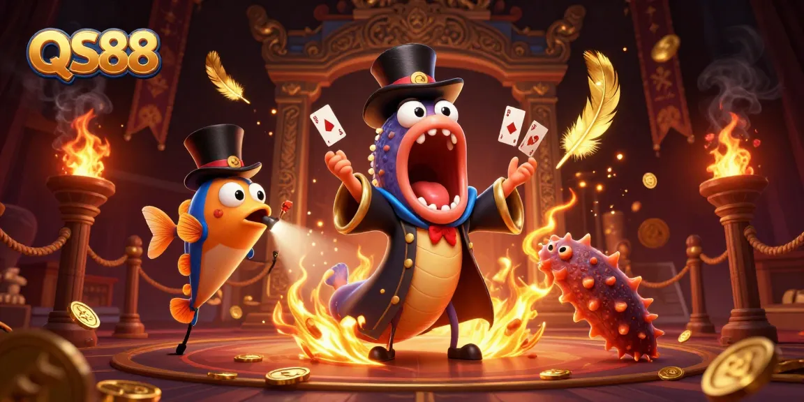 Experience thrilling gameplay at QS88 with a bioluminescent eel performing card tricks amidst dynamic casino elements.