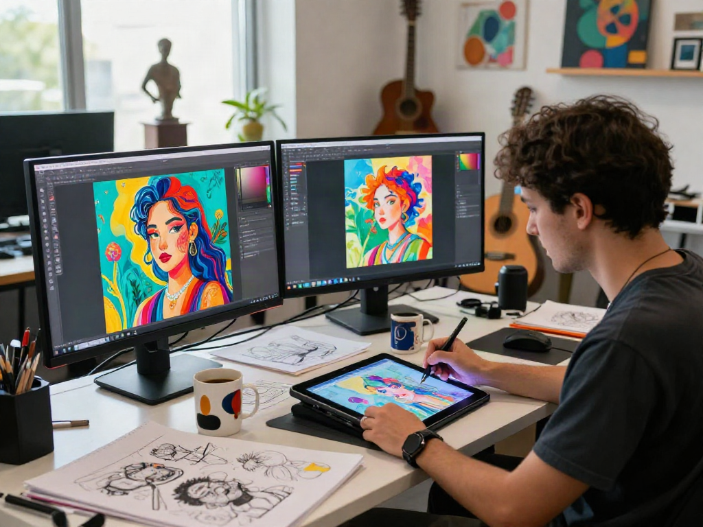 AI artist creating innovative NSFW AI artwork in a vibrant studio.