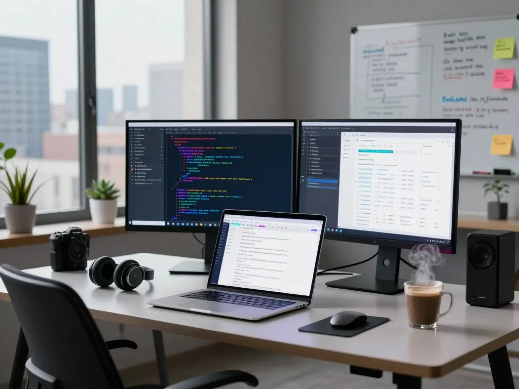 Developer using moltbot ai in a modern workspace with vibrant coding interface and urban skyline.