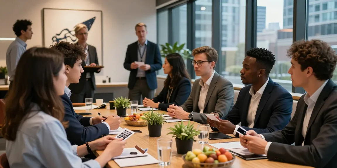 Networking für Führungskräfte at a professional urban event, executives engaging in discussions and exchanging business cards.