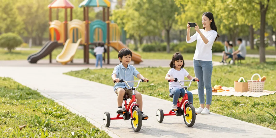 Kids riding the best kids tricycles through a park, highlighting fun and outdoor activity.