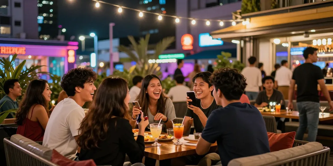 Friends enjoying cocktails and conversations at a lively urban lounge, rokok88 vibrant nightlife.