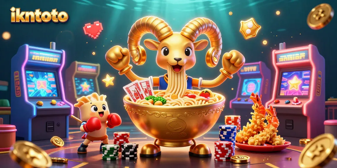 Engage with ikntoto’s exciting atmosphere featuring a golden ramen bowl and lively gaming elements.