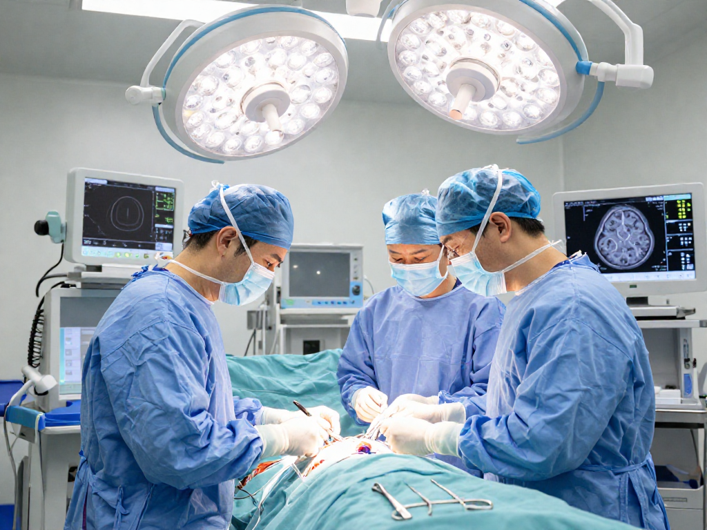 Brain tumor surgery in progress, showcasing the beyin tümörü ameliyatı process with surgical team in action.