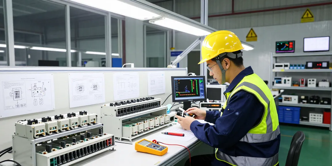 Engineer inspecting IEC connectors on the assembly line amidst industrial tools and displays, showcasing effective manufacturing practices.