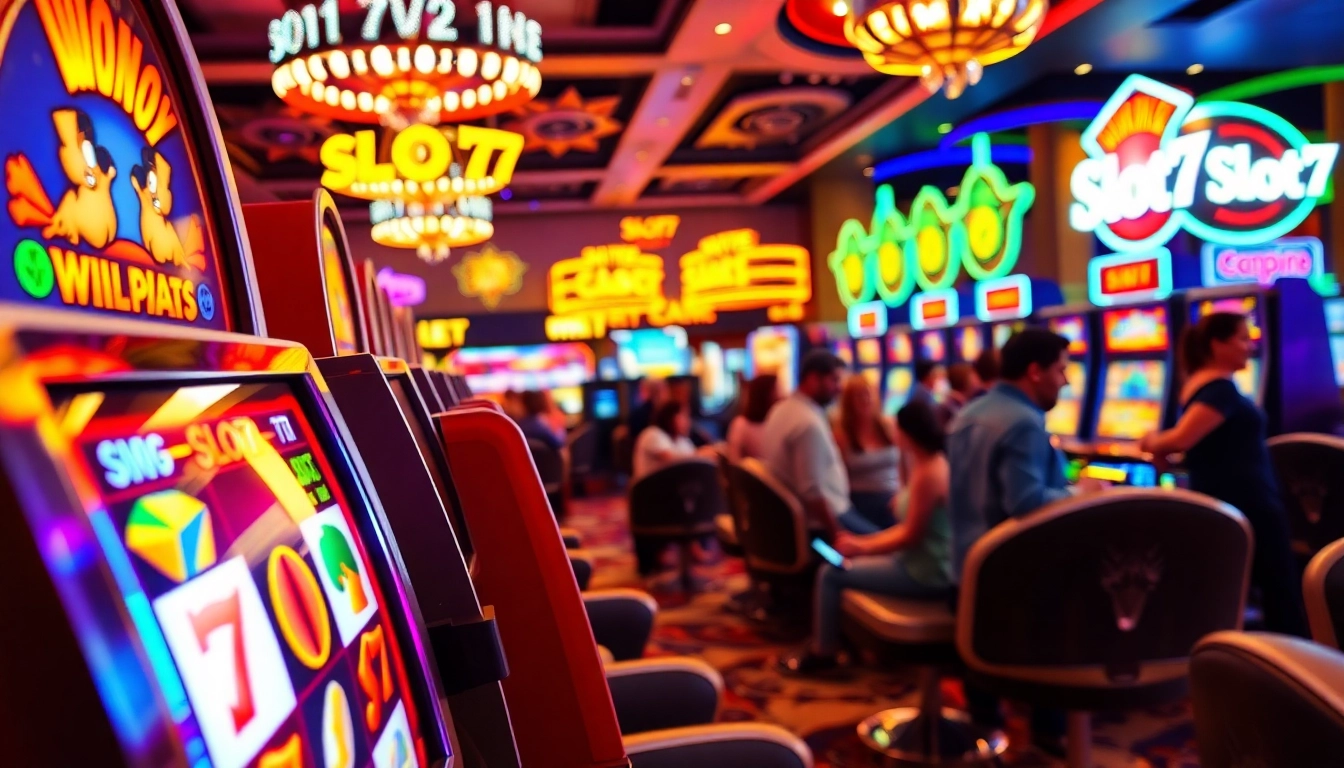 Permainan Slot77 memikat perhatian dengan mesin slot berwarna cerah dan pemain yang bersemangat.