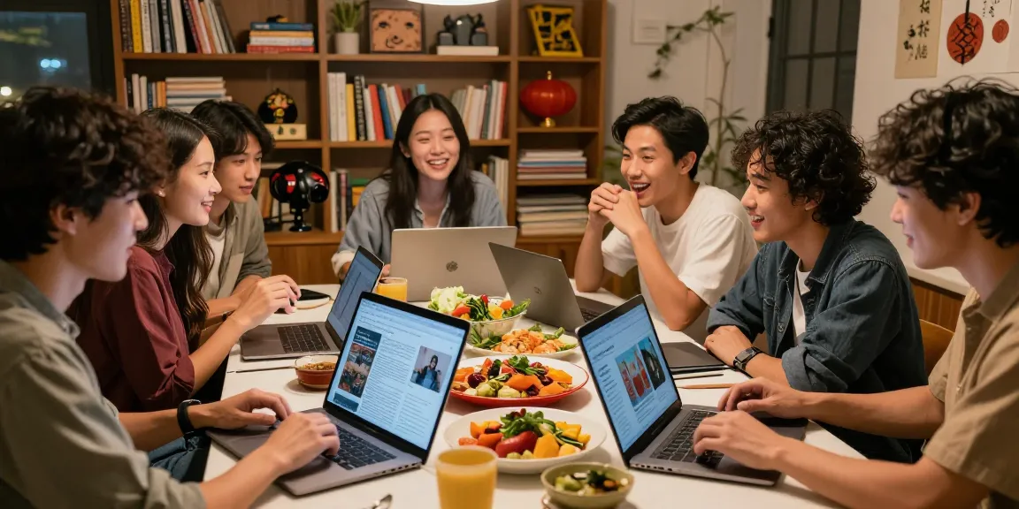 Diverse friends engaging with cultural content from https://hanadultalk.com featuring Asian cuisine and pop culture discussions.