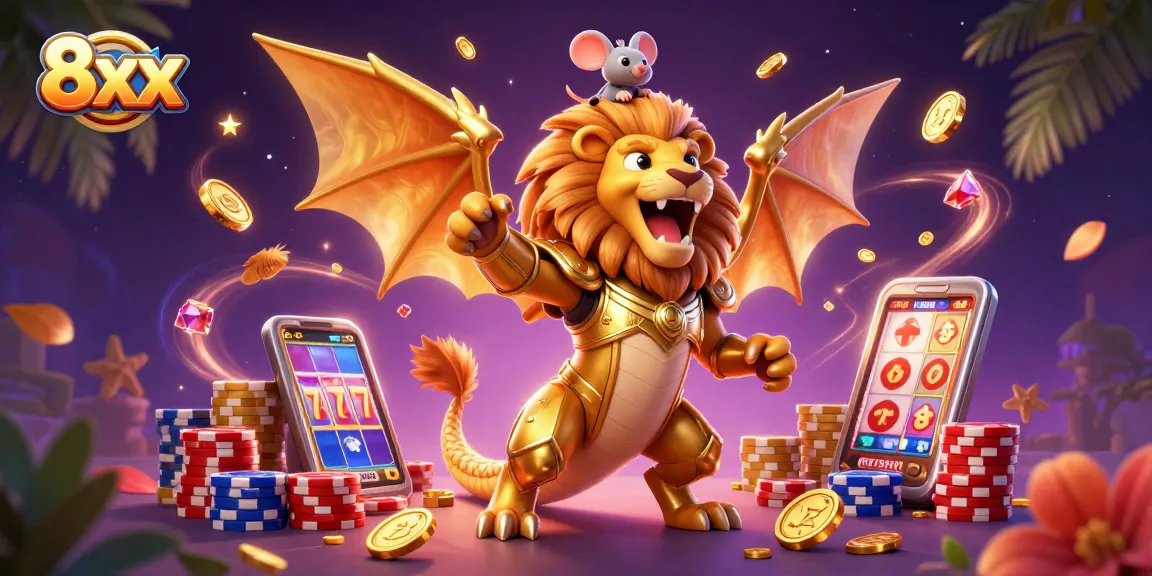 Spin and win with the dazzling 8xx casino illustration featuring a roaring chimera and golden treasures!