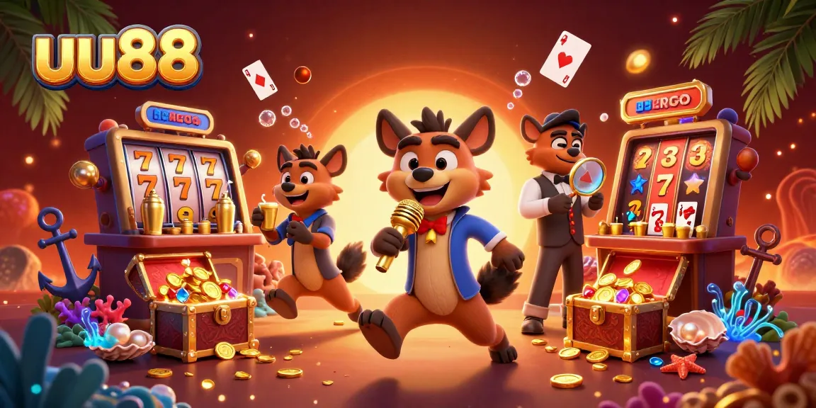 uu88 showcases a lively hyena comedy casino scene with vibrant gaming elements, creating an engaging atmosphere.